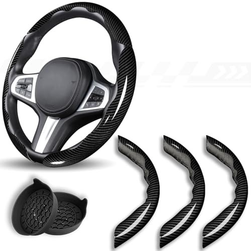 Aimato Car Steering Wheel Cover, 3 Piece Bright Carbon Fiber Steering Wheel Covers, Non-Slip Steering Wheel Cover Protector, Great Grip, Universal Car Accessories Decoration for 14.5-15 inch (Black) - Image 1