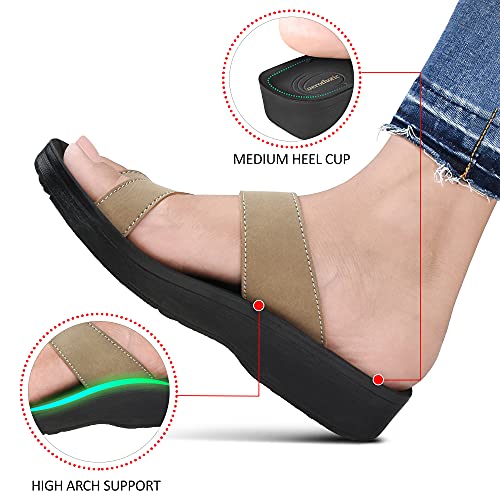 AEROTHOTIC Comfy Arch Support flip flops for women Split Toe Stylish Cushioned Strap with non-slip footbed Walking Dressy Sandals Indoor and Outdoor (Odal Khaki, Size 8) - Image 4