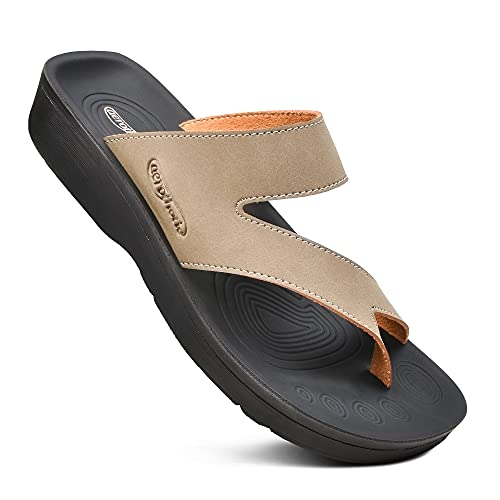 AEROTHOTIC Comfy Arch Support flip flops for women Split Toe Stylish Cushioned Strap with non-slip footbed Walking Dressy Sandals Indoor and Outdoor (Odal Khaki, Size 8) - Image 1