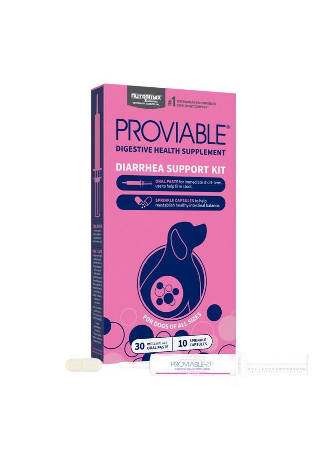 Nutramax Laboratories مجموعة مكملات صحة الجهاز الهضمي Proviable مع بروبيوتيك متعدد السلالات وبريبايوتيك للكلاب المتوسطة إلى الكبيرة - مع 7 سلالات من البكتيريا، 30 مل معجون و10 كبسولات - Image 1