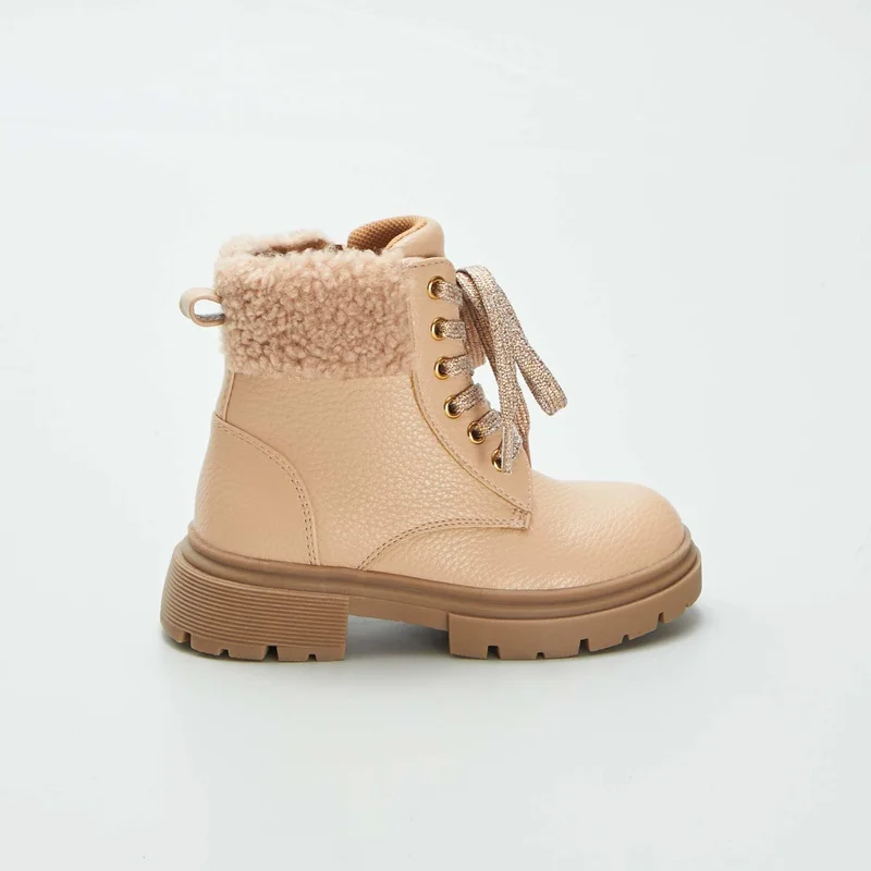 Faux Fur-Lined Ankle Boots Beige