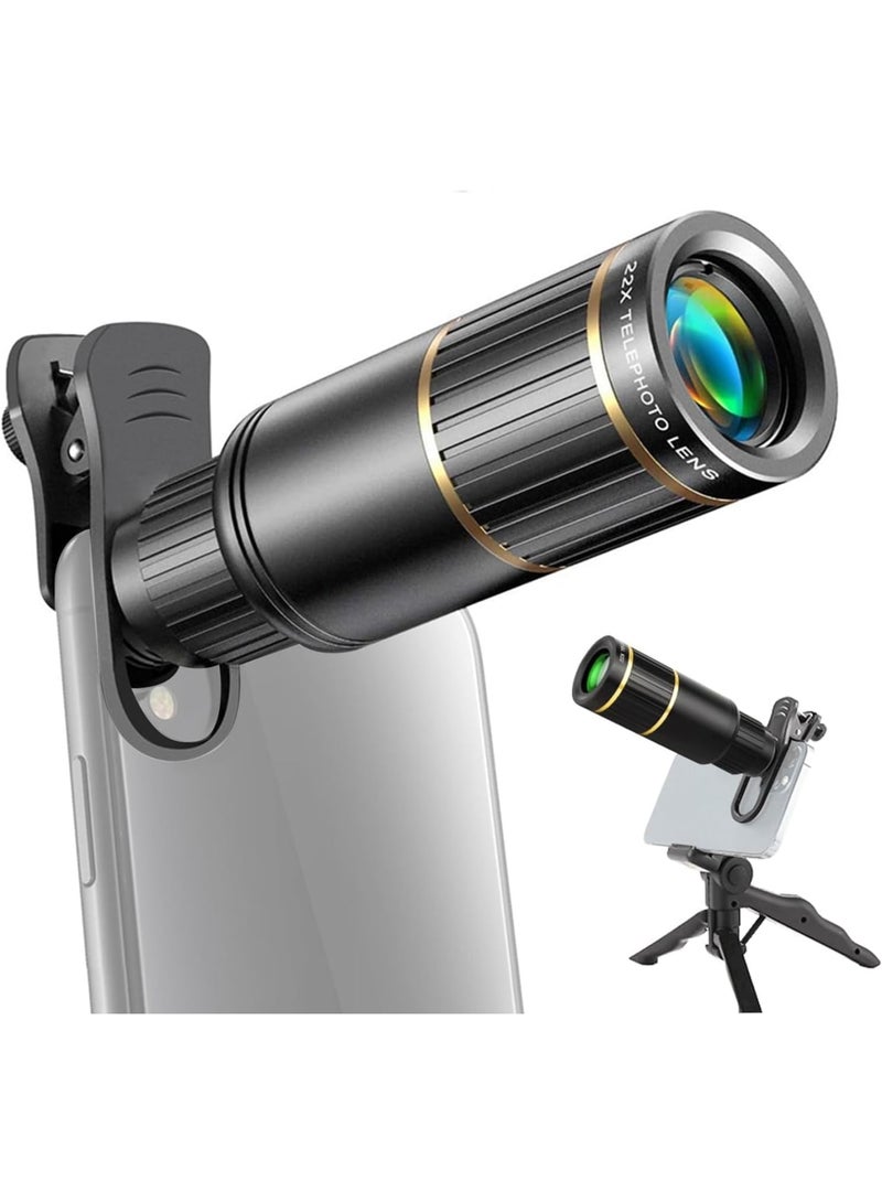 SOLARAE طقم عدسة تليفوتو للهاتف، عدسة تليفوتو 22X مع حامل الهاتف، مشبك العدسة، قطعة تنظيف العدسة، حامل ثلاثي صغير، عدسة كاميرا الهاتف للمشي، التخييم، مراقبة الحياة البرية، مشاهدة الحفلات، أسود - Image 1