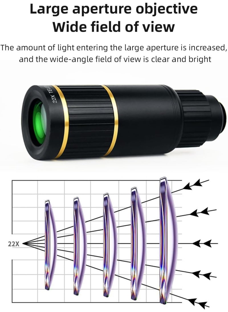 SOLARAE طقم عدسة تليفوتو للهاتف، عدسة تليفوتو 22X مع حامل الهاتف، مشبك العدسة، قطعة تنظيف العدسة، حامل ثلاثي صغير، عدسة كاميرا الهاتف للمشي، التخييم، مراقبة الحياة البرية، مشاهدة الحفلات، أسود - Image 2