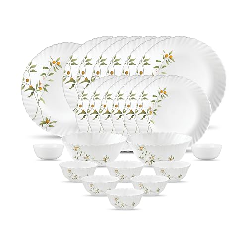 La Opala Novo Collection Opal Glass Crockery | for Family of 6 | Dinner Set 23 pcs Vivid Greens | Plates & Bowls for Dining | Microwave Safe | 100% Vegetarian | Extra Strong | Light & White - Image 1