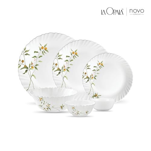 La Opala Novo Collection Opal Glass Crockery | for Family of 6 | Dinner Set 23 pcs Vivid Greens | Plates & Bowls for Dining | Microwave Safe | 100% Vegetarian | Extra Strong | Light & White - Image 2