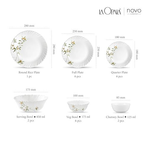 La Opala Novo Collection Opal Glass Crockery | for Family of 6 | Dinner Set 23 pcs Vivid Greens | Plates & Bowls for Dining | Microwave Safe | 100% Vegetarian | Extra Strong | Light & White - Image 3