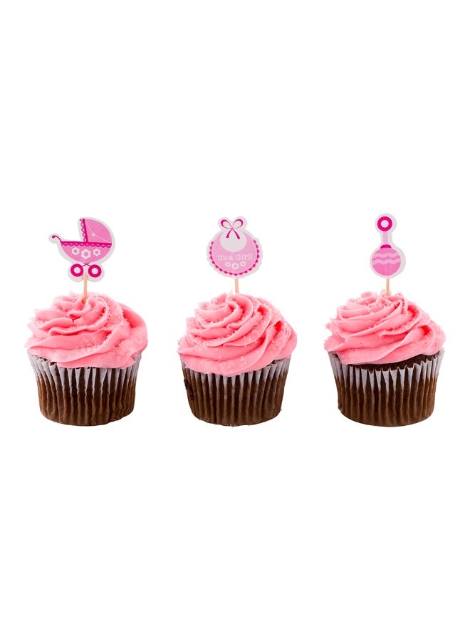 Restaurantware Top Cake Baby Shower Cupcake Toppers, 24 Assorted Baby Cake Toppers - Includes Stroller, Bib. And Rattle, Dessert Decorations, Pink Paper Gender Reveal Cupcake Toppers - Image 2