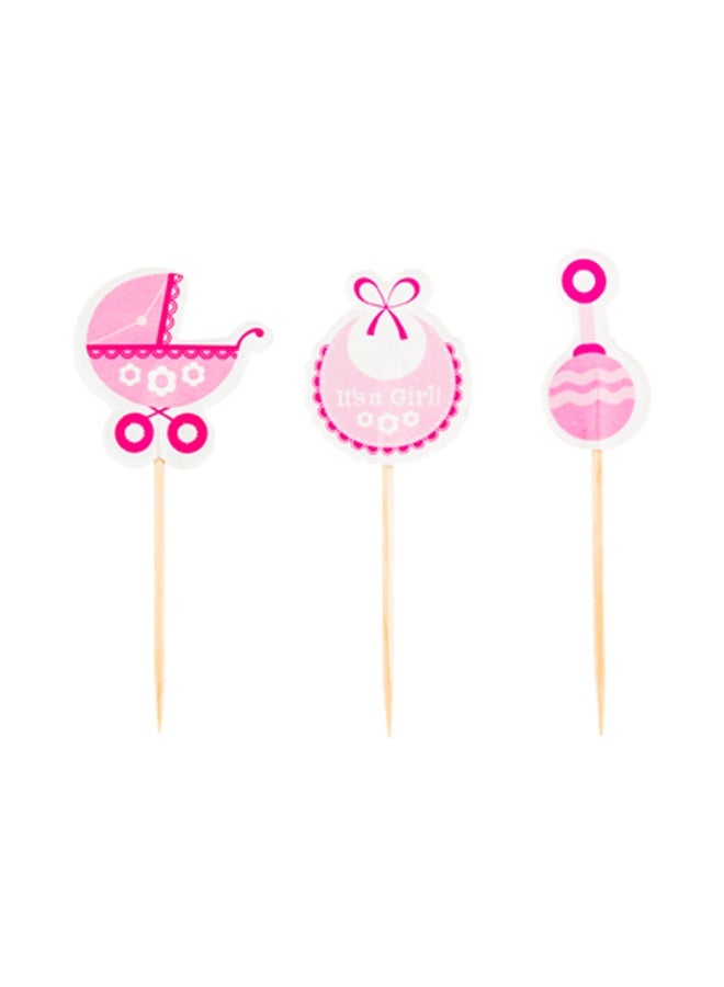 Restaurantware Top Cake Baby Shower Cupcake Toppers, 24 Assorted Baby Cake Toppers - Includes Stroller, Bib. And Rattle, Dessert Decorations, Pink Paper Gender Reveal Cupcake Toppers - Image 1