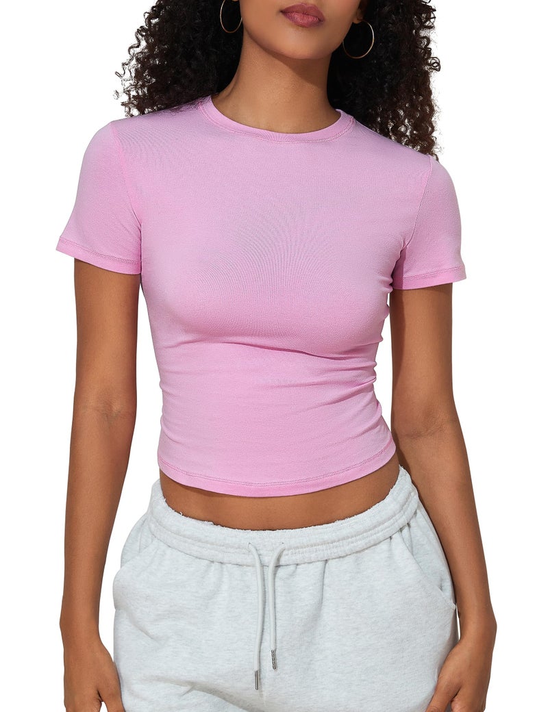 PrettyGuide Womens Crew Neck Short Sleeve Cotton Jersey Tee Slim Fit Basic T-Shirts Tight Crop Tops Candy Pink S - Image 4