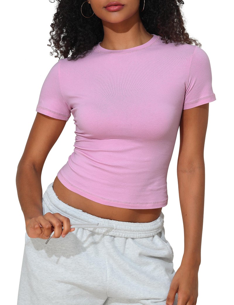 PrettyGuide Womens Crew Neck Short Sleeve Cotton Jersey Tee Slim Fit Basic T-Shirts Tight Crop Tops Candy Pink S - Image 2