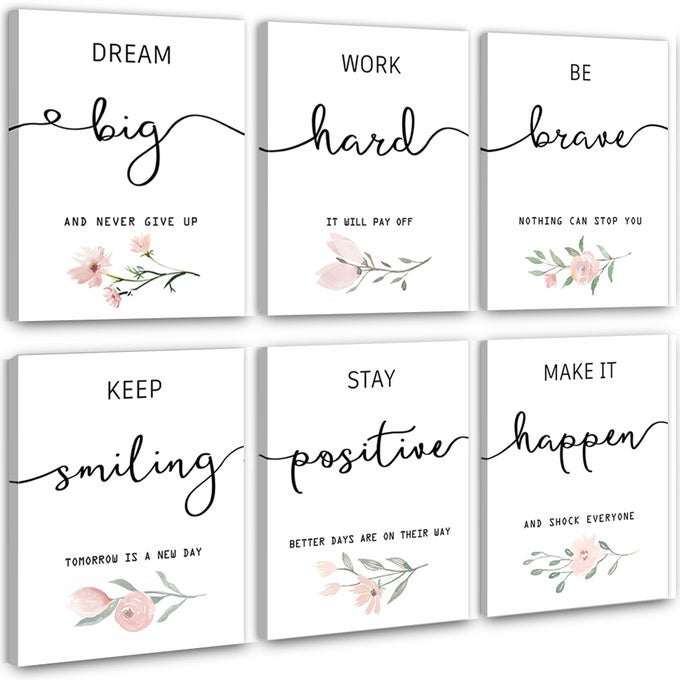 INSPIRATIONAL WALL ART FOR BEDROOM MOTIVATIONAL OFFICE WALL ART DECOR FRAMED CANVAS WALL ART FOR WOMEN GIRLS POSITIVE AFFIRMATIONS QUOTES PRINTS SET OF 6PCS 8X10 FRAMED