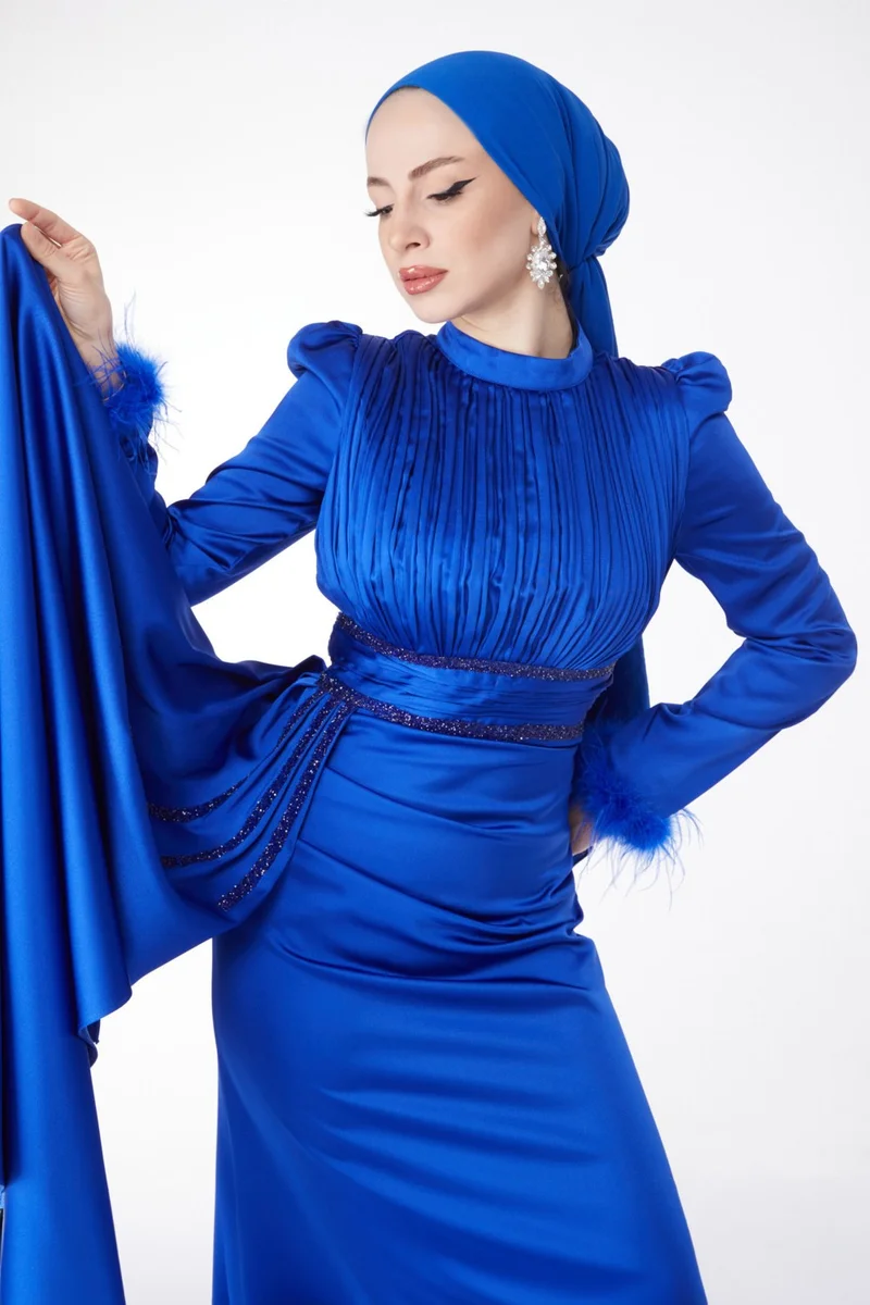 Tofisa Plain Judge Collar Women's Blue Sleeve Feathered Collar Pleated Evening Dress - 24885