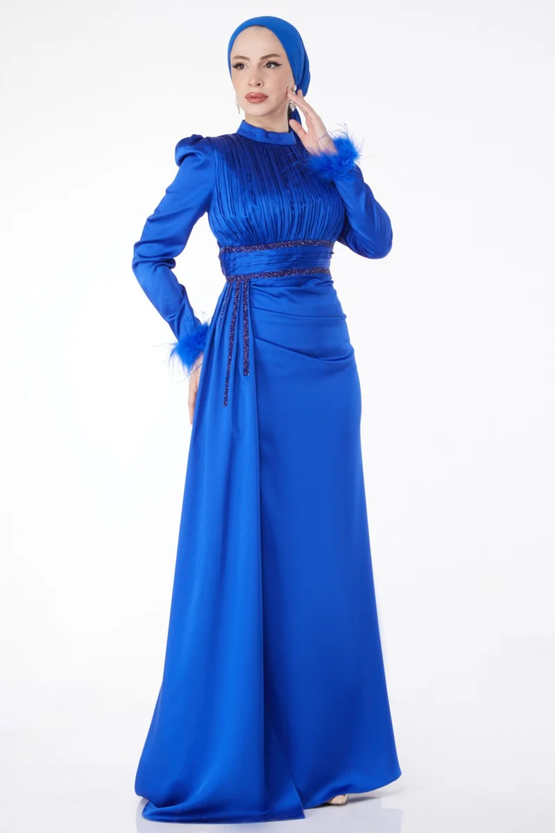 Tofisa Plain Judge Collar Women's Blue Sleeve Feathered Collar Pleated Evening Dress - 24885