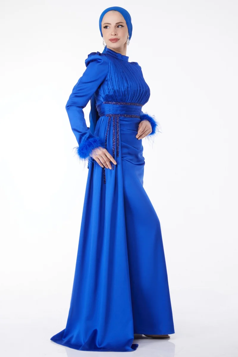 Tofisa Plain Judge Collar Women's Blue Sleeve Feathered Collar Pleated Evening Dress - 24885