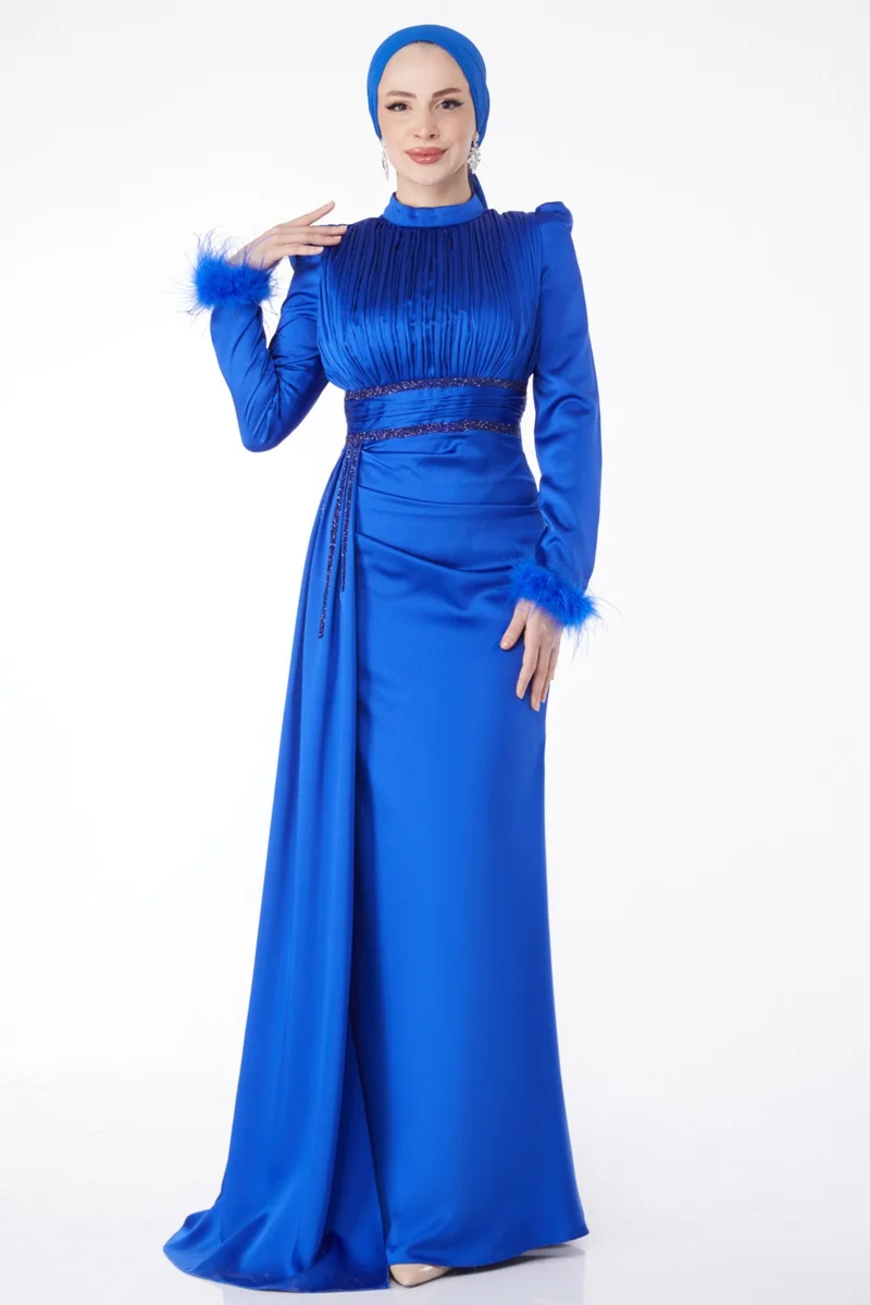 Tofisa Plain Judge Collar Women's Blue Sleeve Feathered Collar Pleated Evening Dress - 24885