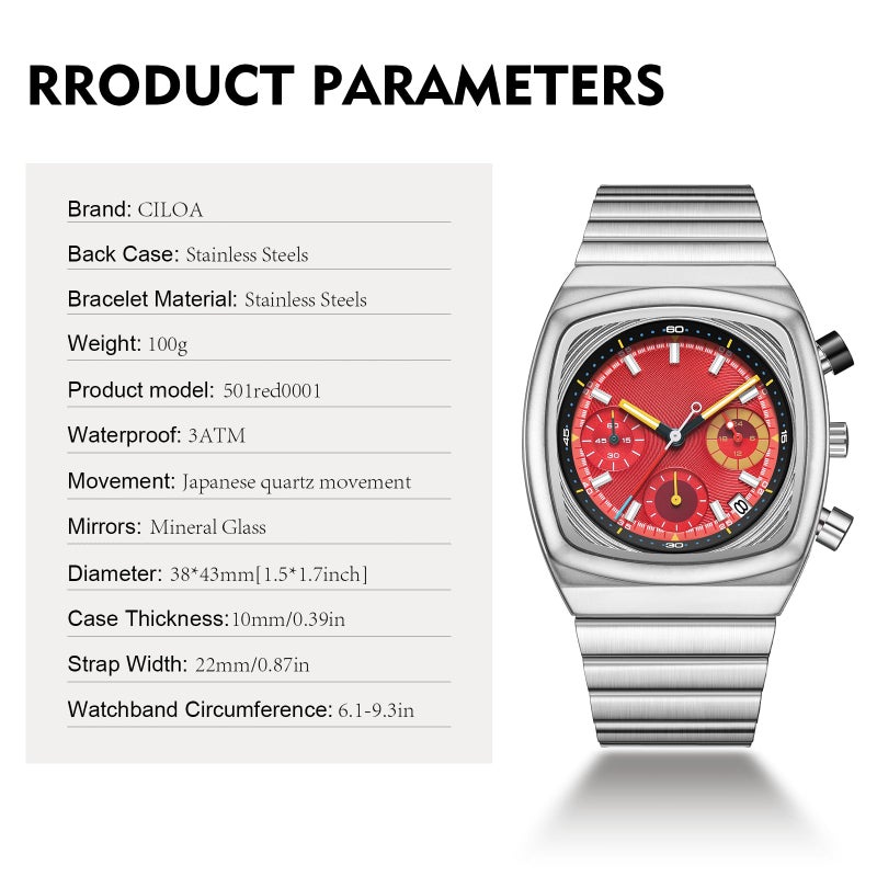 CILOA Mens Watches Chronograph Stainless Steel Waterproof Date Analog Business Fashion Wristwatch for Menï¼ˆredï¼‰ - Image 4