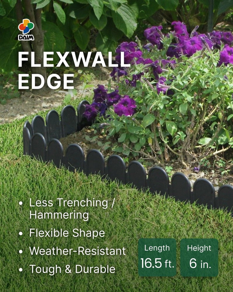 DAIM FlexWall Edge Landscape Edging, Fancy Garden Edging for Landscaping, Sturdy Garden Fencing & Landscape Border that Retain Soil & Stop Weeds, for Landscaping & Fencing Project, Black, 6" x 16.5 ft - Image 2