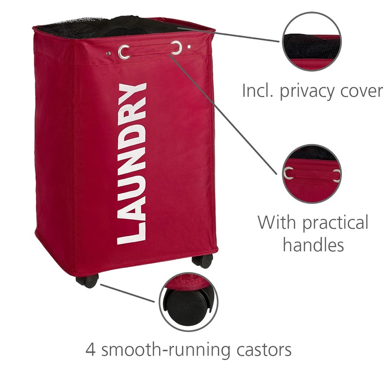 Wenko Laundry Basket with Wheels, Sorter, With Lid, Storage, Laundry Hamper, Laundry Bin, Slim red - Image 2