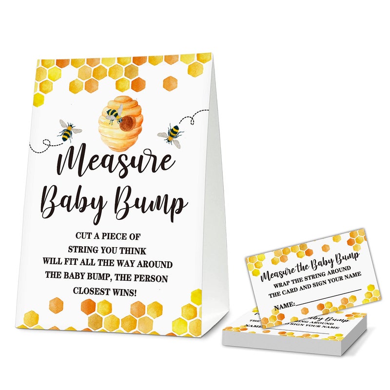 ONDTOM Bee Baby Shower Party Game Measure Baby Bump SelfStanding Sign With 50 Cards Mommy To Bee Themed Card Honeycomb Bumble Bee Baby Shower Decor Baby Gender Reveal Party Game5x7  bumpC01