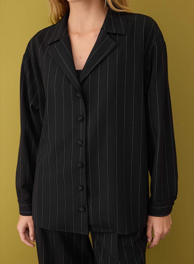 trendyol Black Jacket Collar Striped Fabric Jacket - Image 3