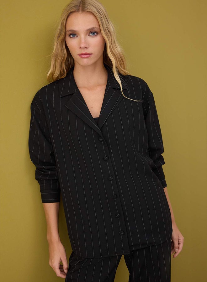 trendyol Black Jacket Collar Striped Fabric Jacket - Image 1