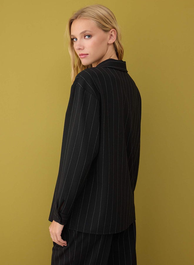 trendyol Black Jacket Collar Striped Fabric Jacket - Image 4