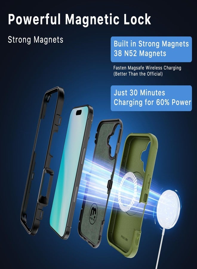 جراب M MYBAT PRO Maverick Series لهاتف iPhone 16 6.1 بوصة مع مشبك حزام وواقي شاشة، غطاء مقاوم للصدمات والسقوط مع مسند دوار 360 درجة، حماية شديدة التحمل، لون أخضر عسكري - Image 3