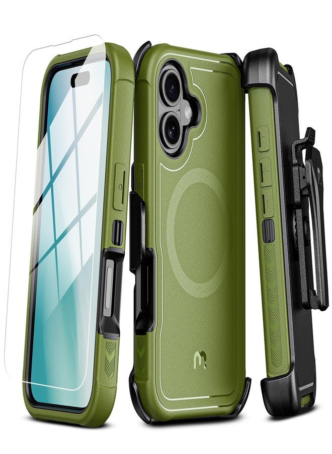 جراب M MYBAT PRO Maverick Series لهاتف iPhone 16 6.1 بوصة مع مشبك حزام وواقي شاشة، غطاء مقاوم للصدمات والسقوط مع مسند دوار 360 درجة، حماية شديدة التحمل، لون أخضر عسكري - Image 1