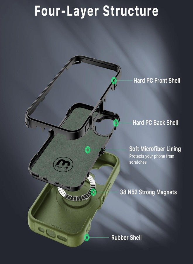 جراب M MYBAT PRO Maverick Series لهاتف iPhone 16 6.1 بوصة مع مشبك حزام وواقي شاشة، غطاء مقاوم للصدمات والسقوط مع مسند دوار 360 درجة، حماية شديدة التحمل، لون أخضر عسكري - Image 4