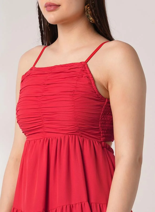 globus Women Red Square Neck Strappy Tiered Maxi Dress