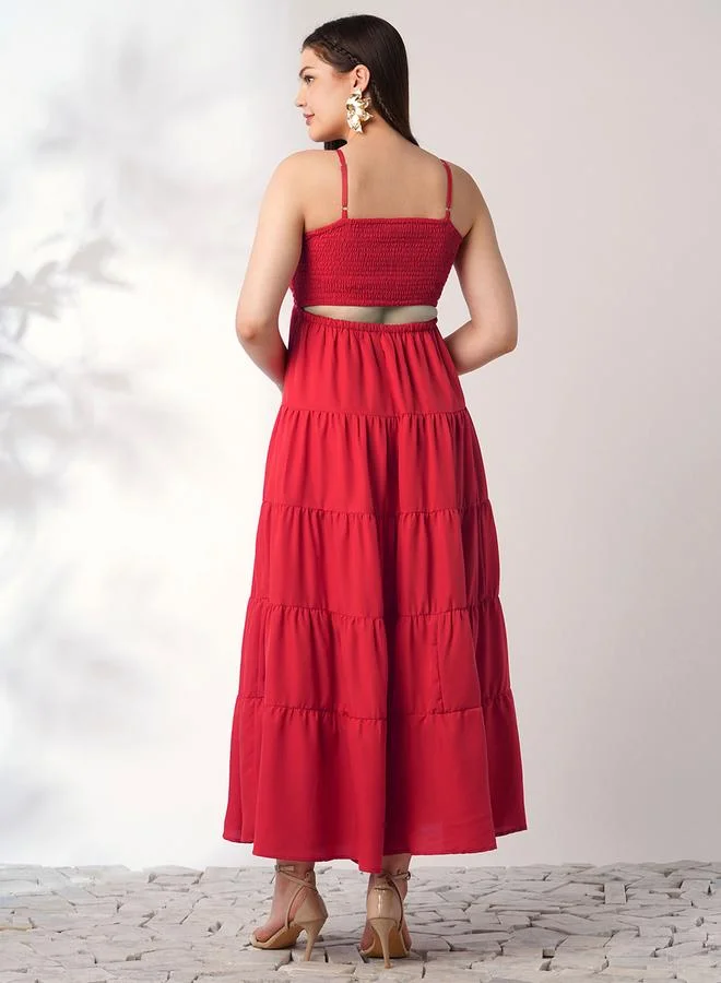 globus Women Red Square Neck Strappy Tiered Maxi Dress