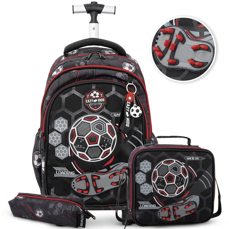 Eazy Kids 17” 3-Piece Trolley School Backpack Set for Kids – Football Design with Lunch Bag & Pencil Case, Black - Image 1
