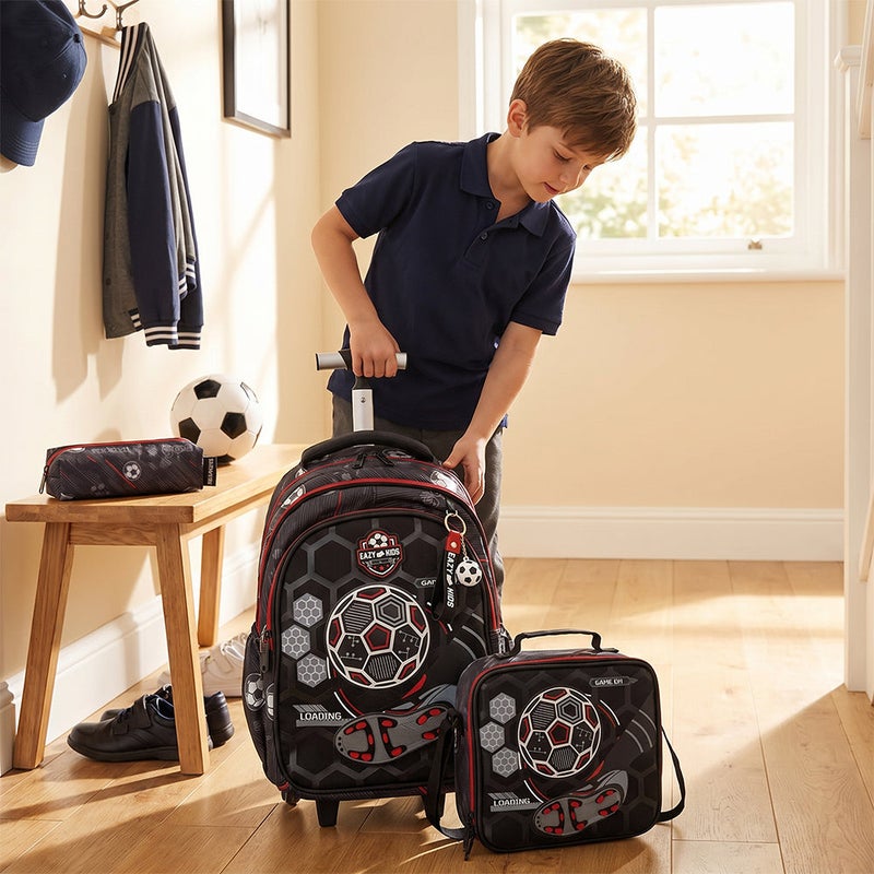Eazy Kids 17” 3-Piece Trolley School Backpack Set for Kids – Football Design with Lunch Bag & Pencil Case, Black - Image 2