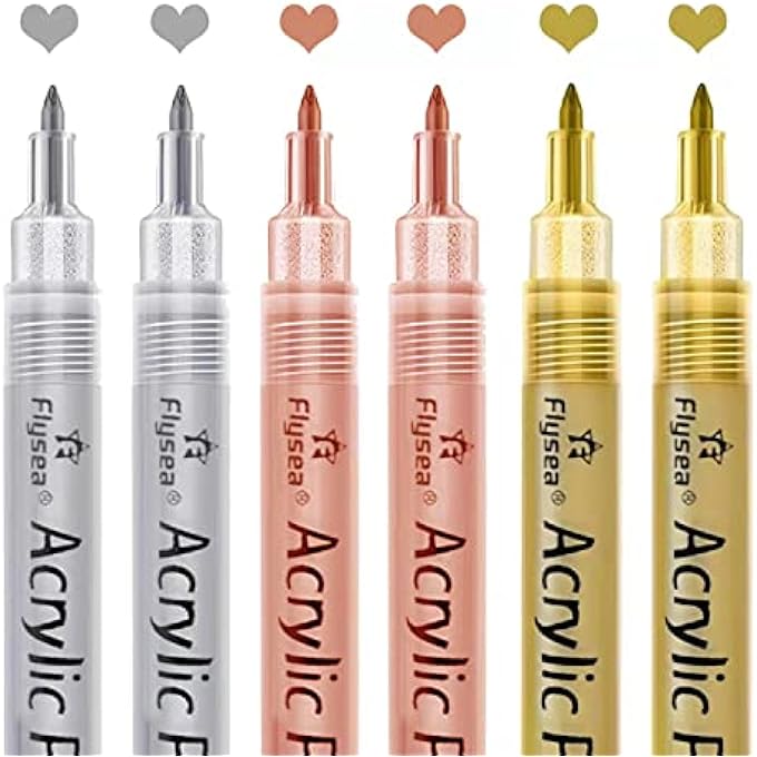 Flysea PREMIUM METALLIC MARKERS PENS - ROSE GOLD, SILVER AND GOLD PAINT PENS FOR BLACK PAPER, GLASS, ROCK PAINTING, HALLOWEEN PUMPKIN, CARD MAKING, SCRAPBOOK ALBUM, CHRISTMAS DIY ART CRAFT KIDS, SET OF 6 - Image 1