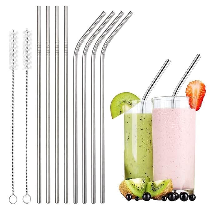 LYONORA LYONORA 8 Pack Extra Long Metal Replacement Straws for Stanley 40oz Adventure Travel Tumbler 304 Stainless Steel Reusable Drinking Straws with Clean Brush Compatible with Stanley Quencher - Image 1