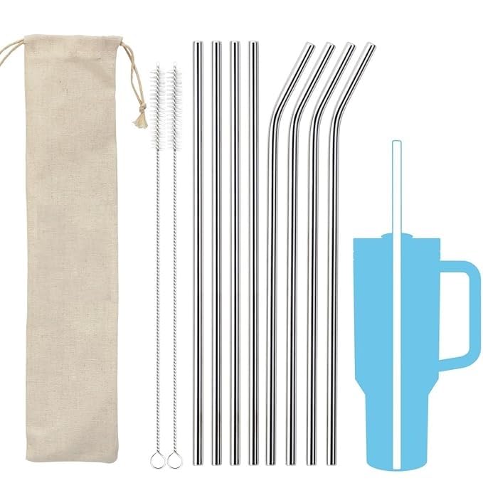 LYONORA LYONORA 8 Pack Extra Long Metal Replacement Straws for Stanley 40oz Adventure Travel Tumbler 304 Stainless Steel Reusable Drinking Straws with Clean Brush Compatible with Stanley Quencher - Image 2
