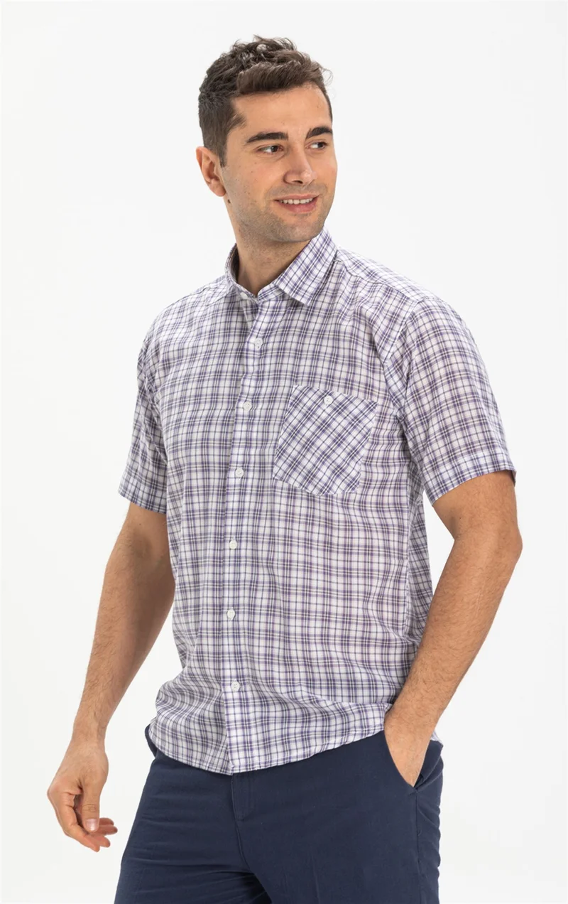 اليش شيل بيزي Short Sleeve Şile Cloth Single Pocket Men's Shirt Purple Check 3035