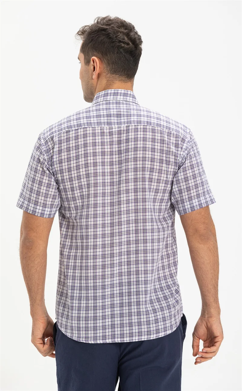 اليش شيل بيزي Short Sleeve Şile Cloth Single Pocket Men's Shirt Purple Check 3035