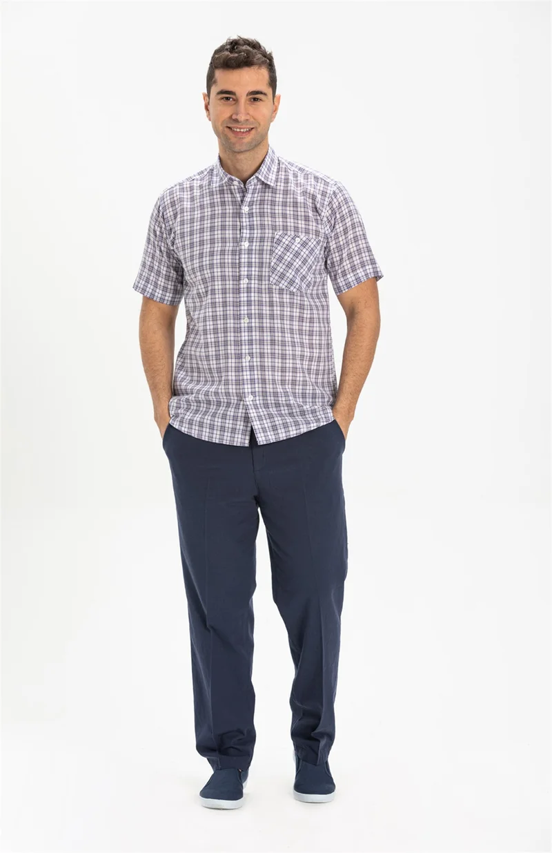 اليش شيل بيزي Short Sleeve Şile Cloth Single Pocket Men's Shirt Purple Check 3035