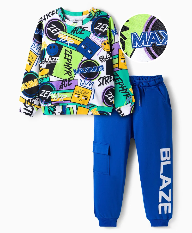 Ollington St. Ollington St. Cotton Full Sleeves Printed Sweatshirts and Joggers Set - Blue/White