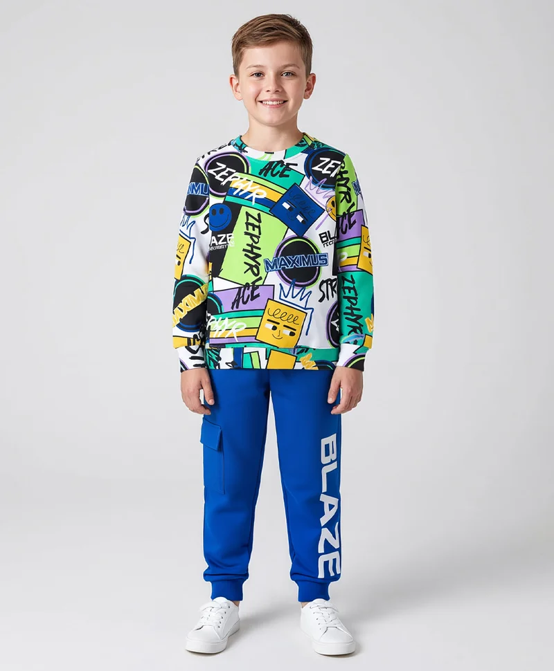 Ollington St. Ollington St. Cotton Full Sleeves Printed Sweatshirts and Joggers Set - Blue/White