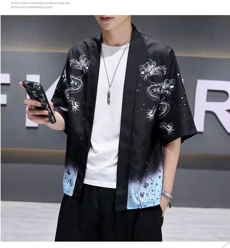 كارديغان كيمونو مزدوج أسود بأسلوب صيني للرجال والنساء بأكمام 3/4 مع طباعة طائر الكركي - Image 2