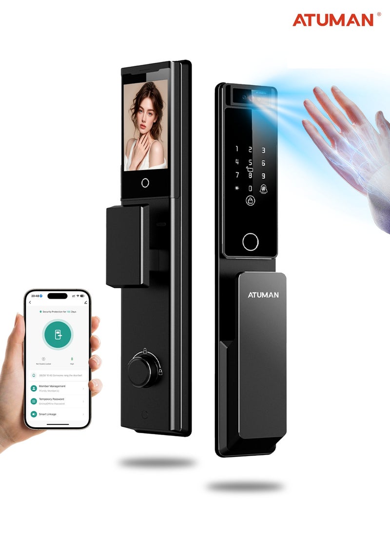 ATuMan - Smart Door with Camera,Smart Door Lock,Palm Vein unlock 3D Facial Recognition,Real-Time Monitor,Two-Way Intercom,CNC Material,Tuya WiFi APP Control,Emergency USB Power - Image 1