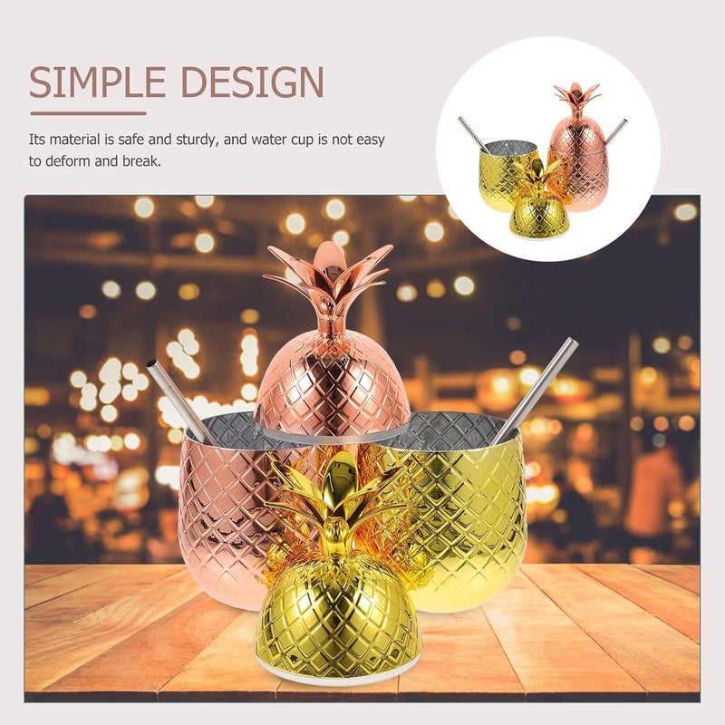 Homoyoyo Pineapple Cocktail Cups Set of 2, 450ml Stainless Steel Fruit Juice Cups with Straw, Gold and Copper Color, Stylish Barware for Birthday Party and Tropical Events - Image 4
