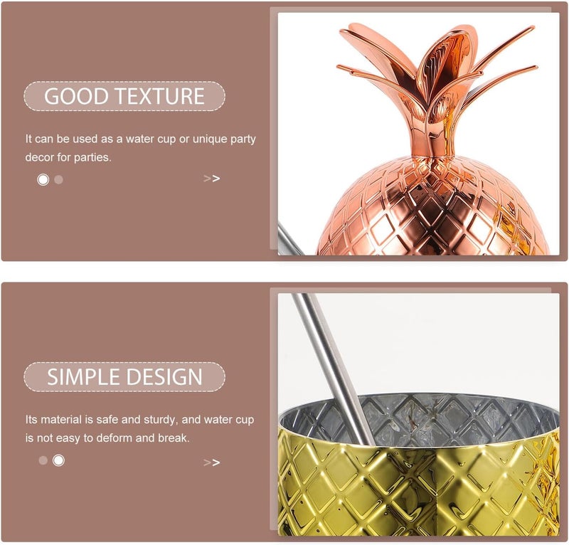 Homoyoyo Pineapple Cocktail Cups Set of 2, 450ml Stainless Steel Fruit Juice Cups with Straw, Gold and Copper Color, Stylish Barware for Birthday Party and Tropical Events - Image 3