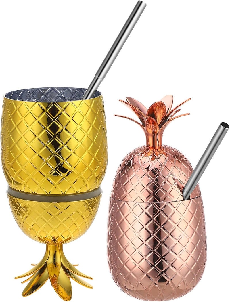 Homoyoyo Pineapple Cocktail Cups Set of 2, 450ml Stainless Steel Fruit Juice Cups with Straw, Gold and Copper Color, Stylish Barware for Birthday Party and Tropical Events - Image 1