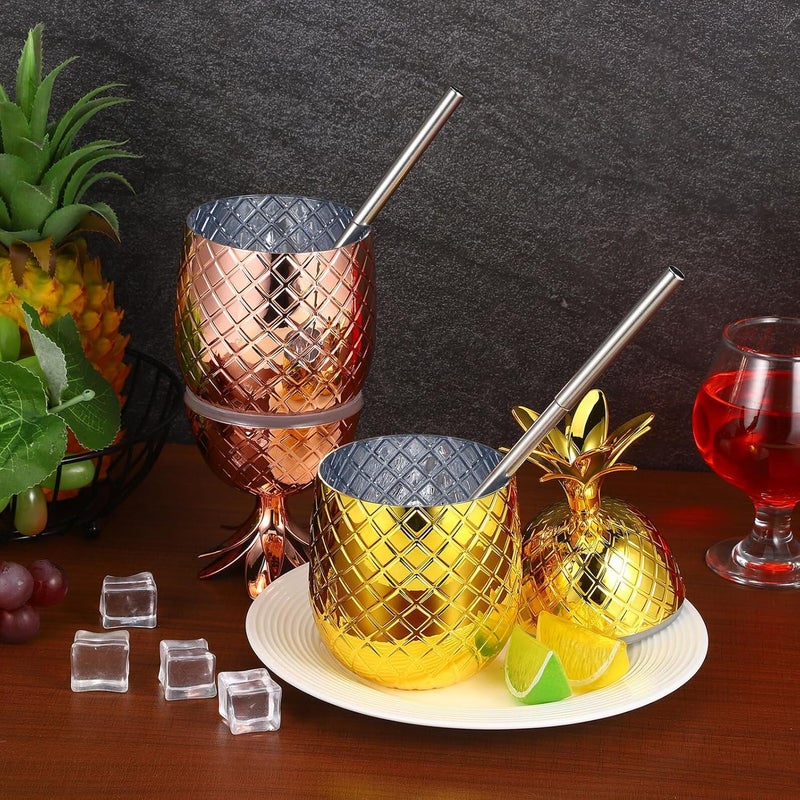 Homoyoyo Pineapple Cocktail Cups Set of 2, 450ml Stainless Steel Fruit Juice Cups with Straw, Gold and Copper Color, Stylish Barware for Birthday Party and Tropical Events - Image 5