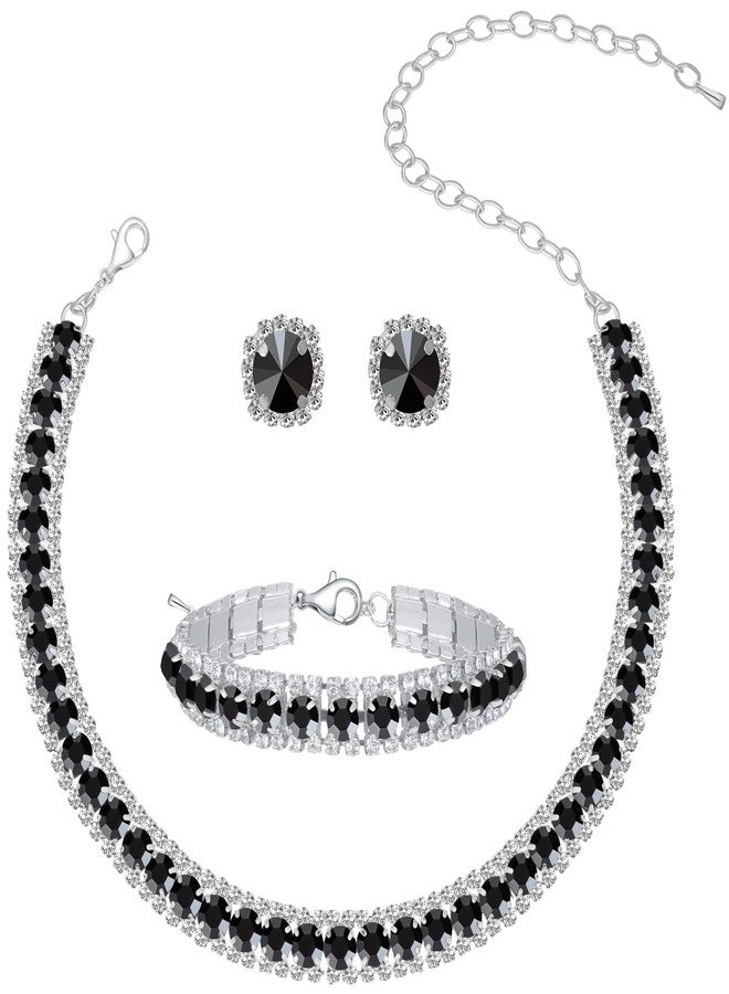 Paxuan Women Rhinestone Crystal Jewelry Set Tennis Design Rhinestone Choker Necklace Link Bracelet Teardrop Earrings Set Wedding Bridal Bridesmaids Party - Image 1