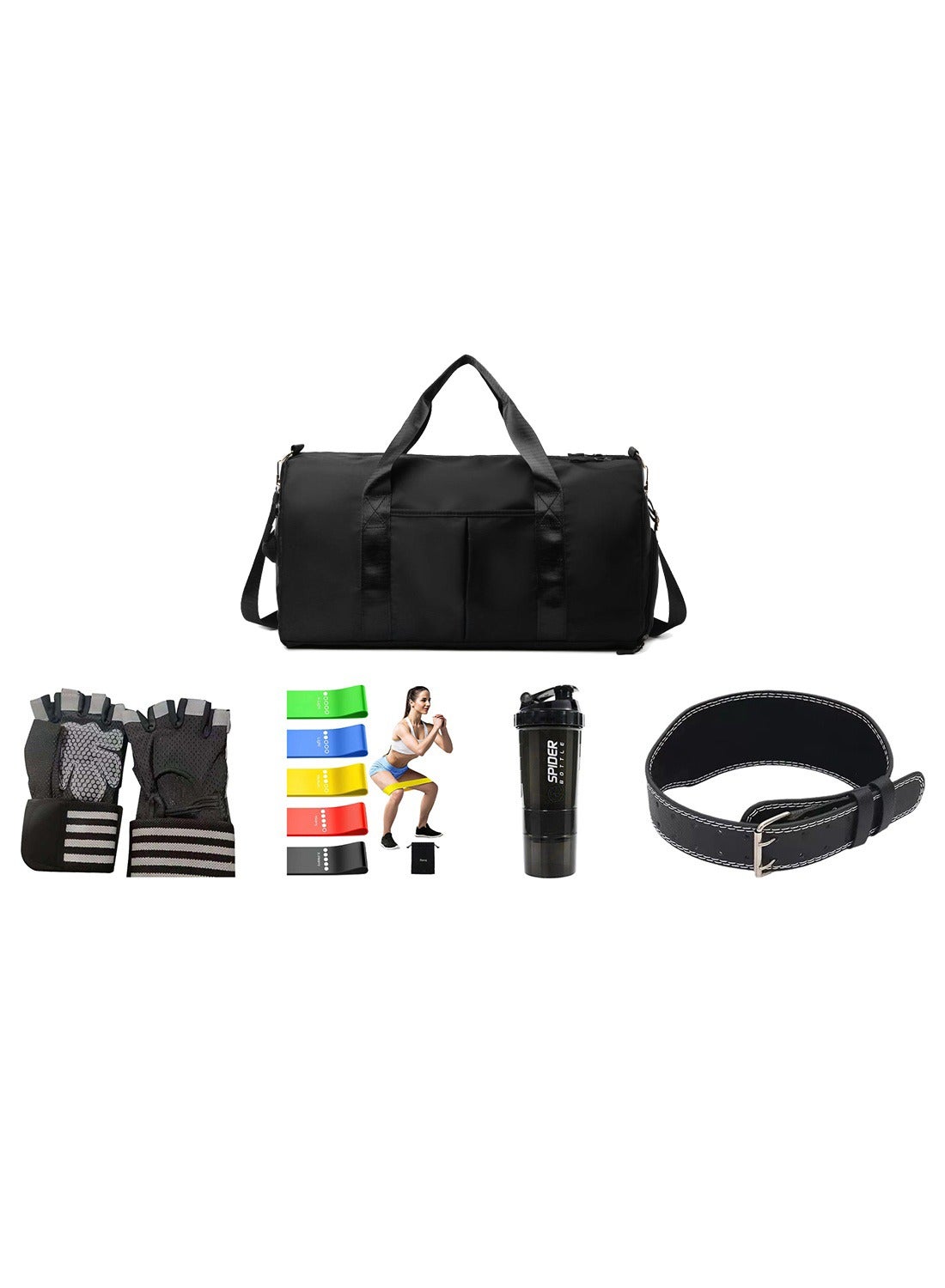 Fitness Combo Off Black Gym Bag, Weightlifting Gym Belt, Professional Gym Gloves, Protein Shaker Bottle And Resistand Band
