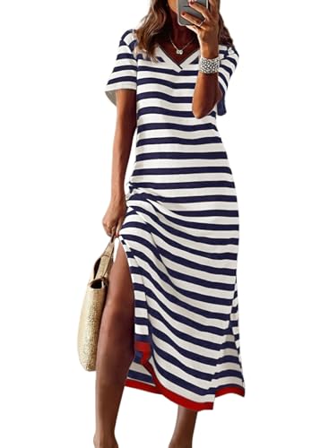 Dokotoo Summer Dresses for Women 2025 Elegant Classy V Neck Short Sleeve Resort Wear Plus Size Dresses Wedding Guest Dresses for Women Blue X Large - Image 1